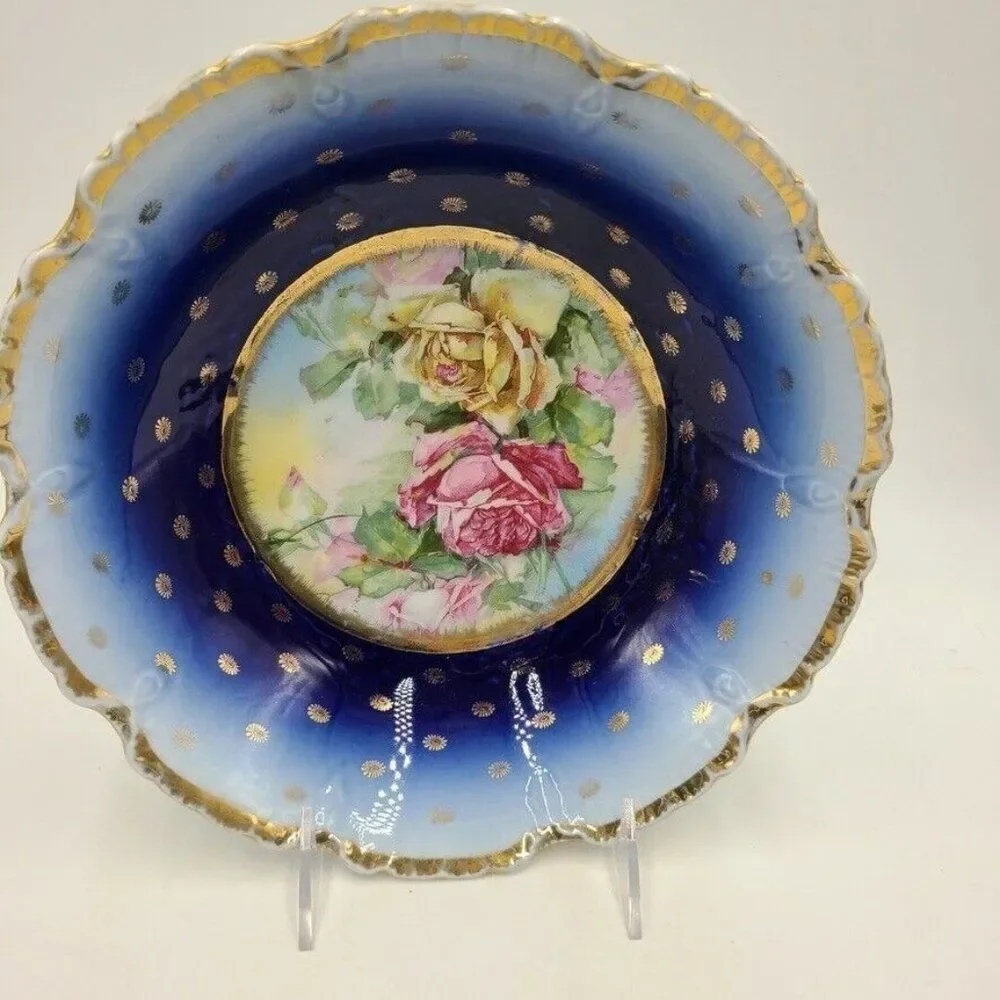 Vintage Victoria Austria Porcelain Bowl Navy Blue Gold Trim Roses Victorian